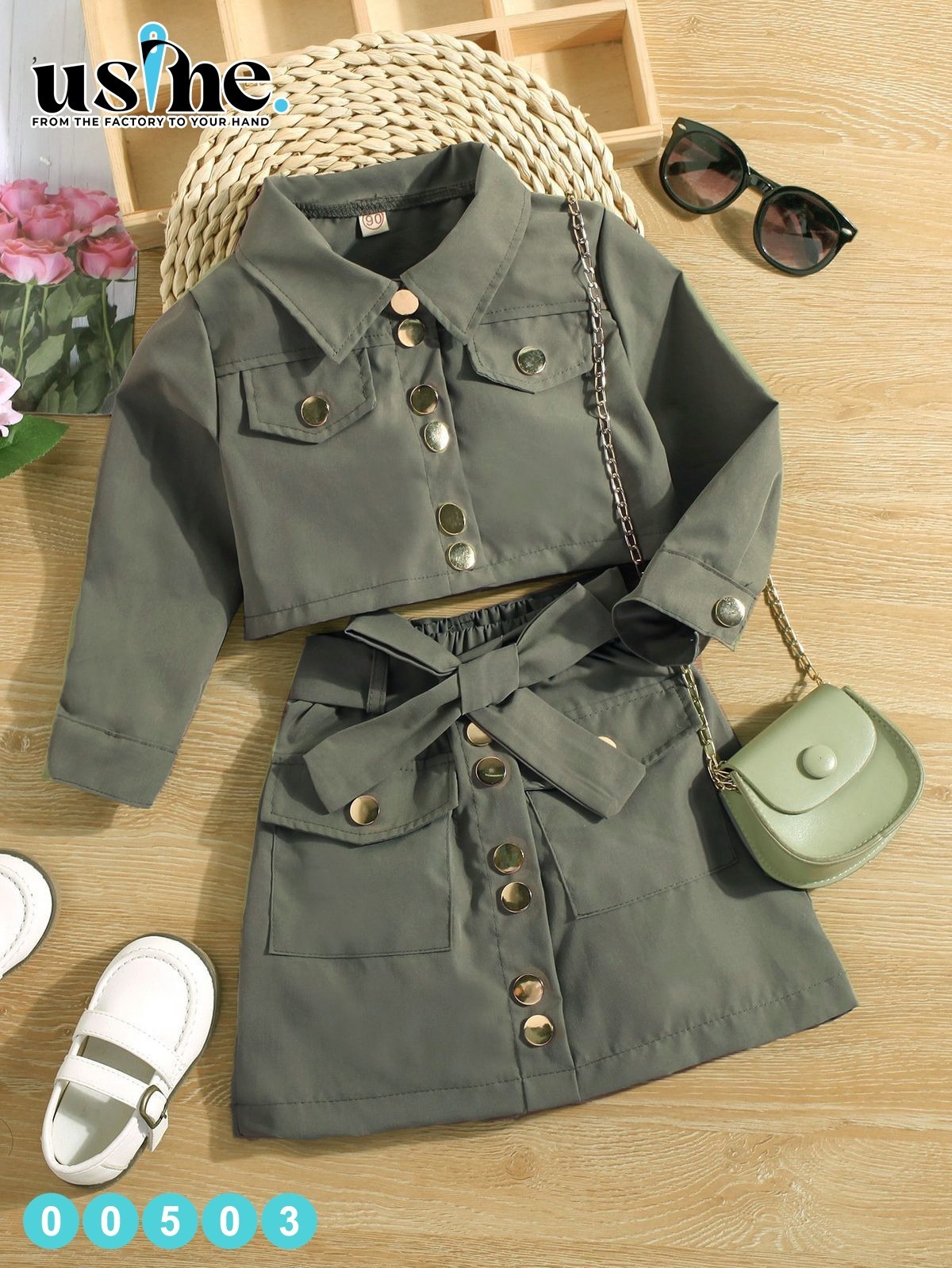 00503 طقم اطفال جيبة وبلوزة زبتى