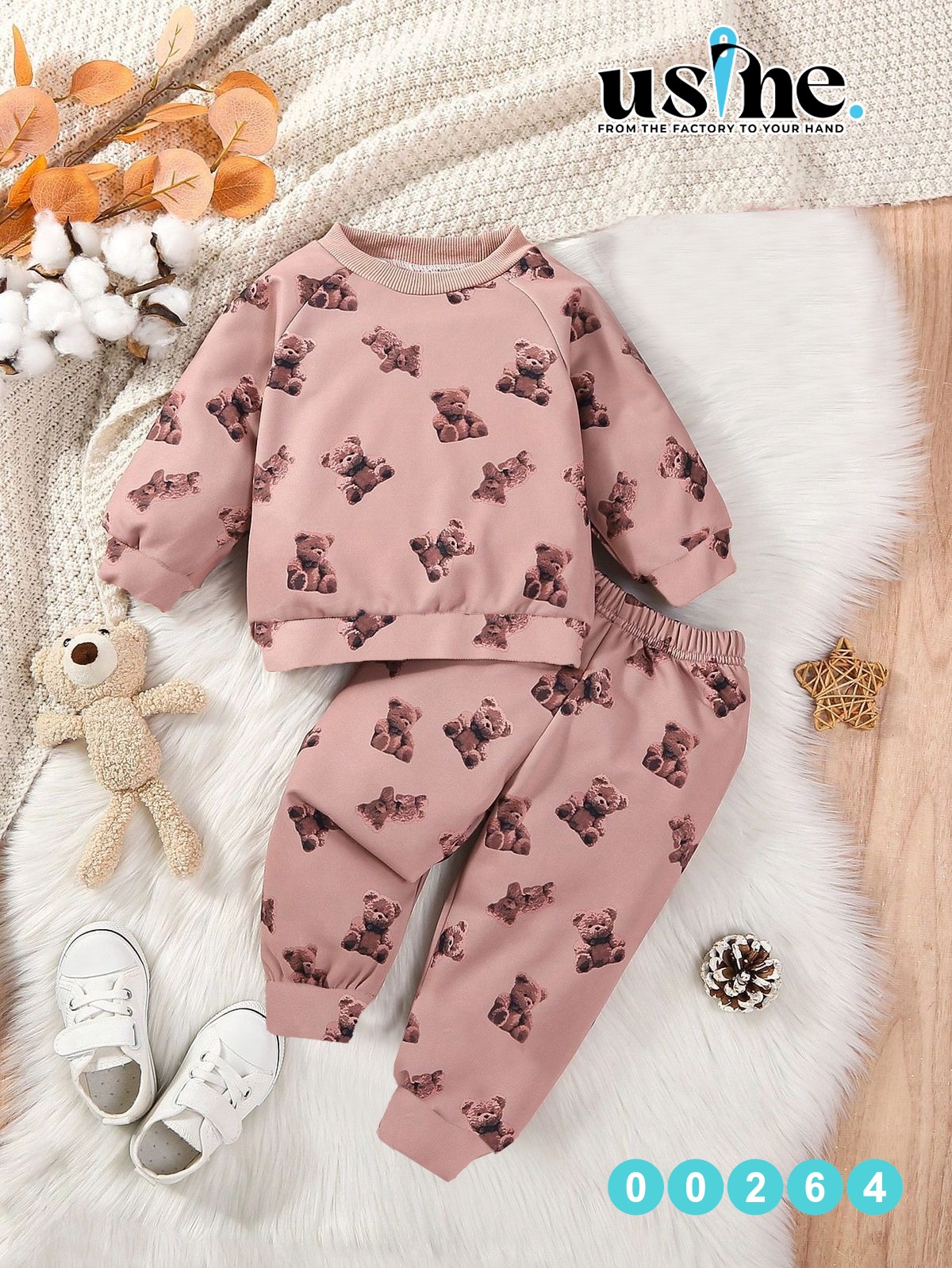00264 طقم اولادى مكون من قطعتين بنطلون وسويتشيرت دب كشمير