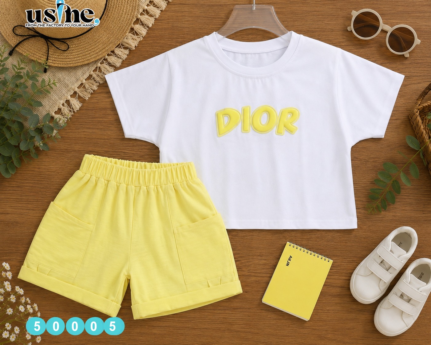 50005 طقم بناتي تيشيرت و شورت اصفر DIOR